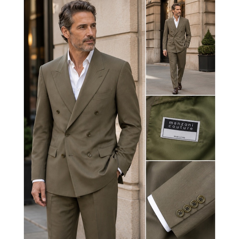 Vintage Olive Green 100% Wool Double Breasted Suit Mens 2 Piece Set Peak Lapel